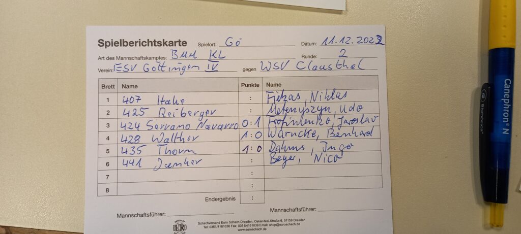 ESV 2 gewinnt im Mannschaftkampf der Bezirksliga gegen den SK Goslar 3