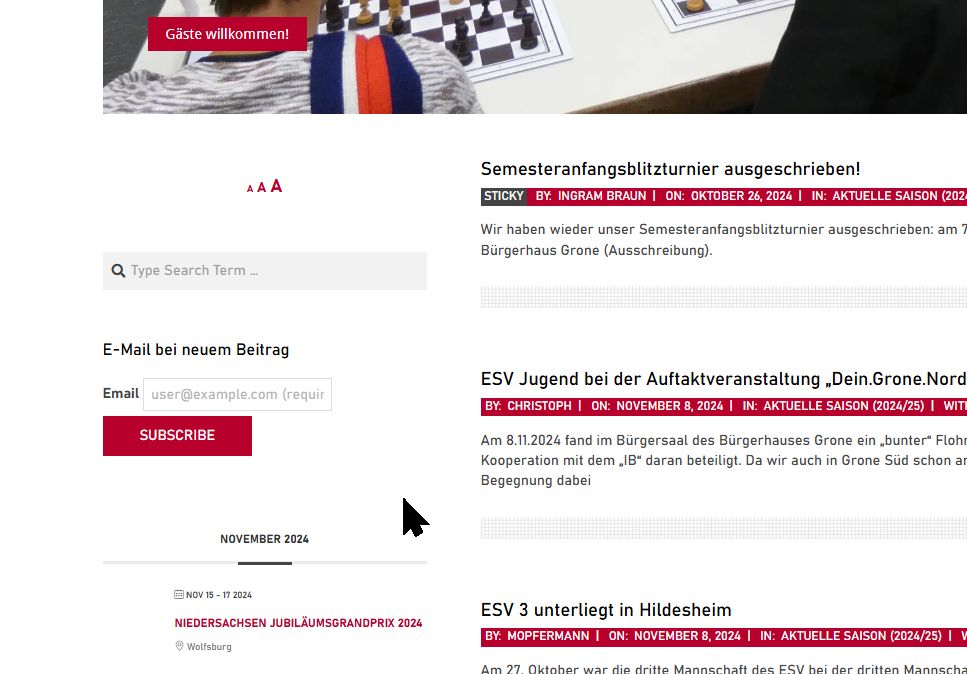 Screenshot ESV-Webseite 9.11.2024 mit E-Mail-Subskription in der Sidebar.