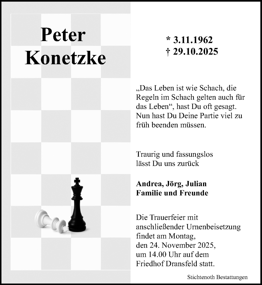 Traueranzeige Peter Konetzke