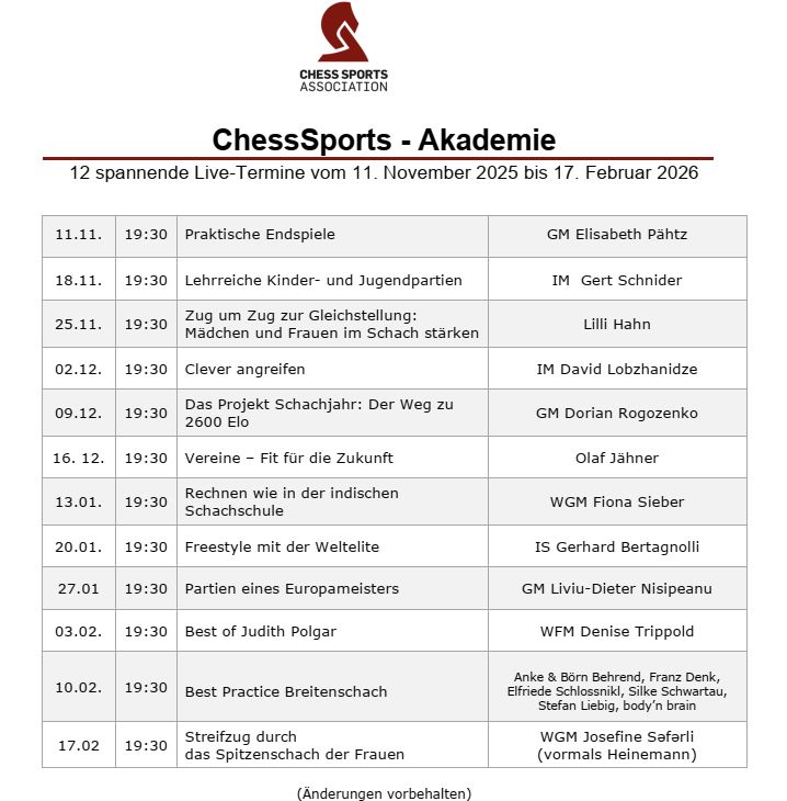 Zeitplan Onlinevorträge der ChessSports Akademie 2025/26